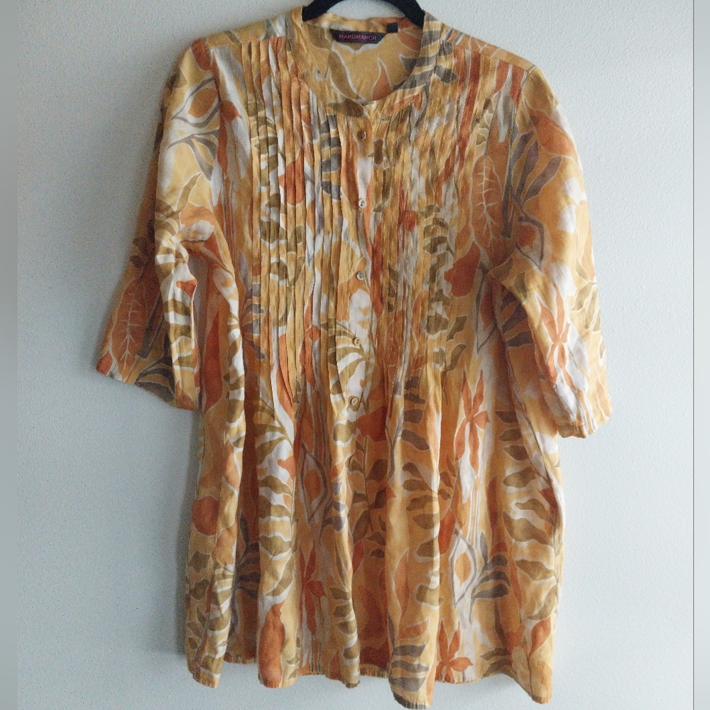 Rangmanch Yellow and Orange Floral Print Pintuck 3/4 Sleeve Tunic Top